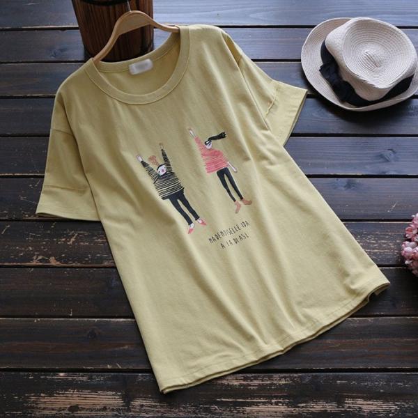 Tシャツ カットソー レディース 40代 50代 春 夏 春夏 イラスト 丸首 半袖 トップス