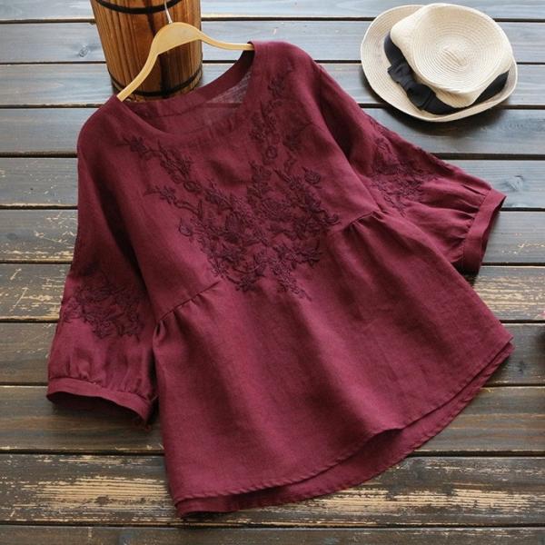 シャツ ブラウス レディース 春 夏 春夏 オフィス おしゃれ 綿麻 無地 花柄 刺繍 丸首 五分袖 パフスリーブ トップス
