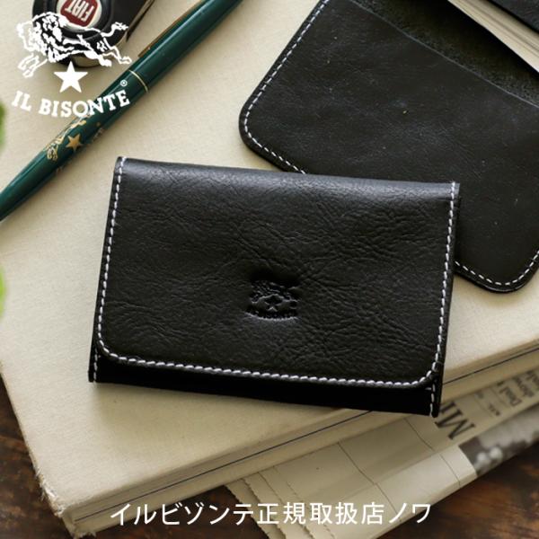 IL BISONTE イル ビゾンテ 黒 レザー 二つ折り財布　カードケース IL BISONTE（イルビゾンテ） カードケース ホワイトステッチ二つ折り