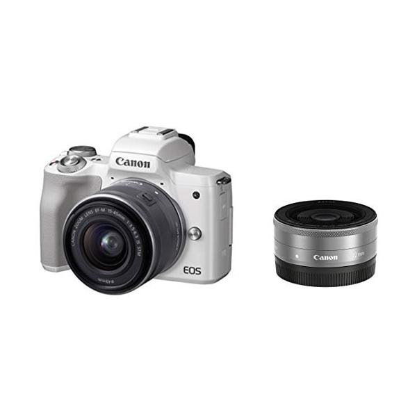 Canon ミラーレス一眼 Eos Kiss M ホワイト ダブルレンズキット Eos Ef M22mm F2 ノマドのcanon M Stm Ef M15 45mm F3 ノマド
