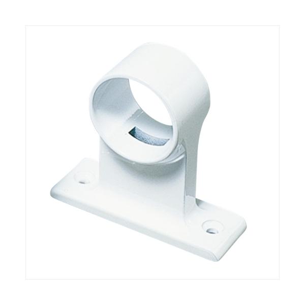 白いパイプブラケットです。[材質]ZDC[仕上]粉体塗装[重量]119g[付属品]SUS十字穴付皿タッピンネジ4×30:2本(頭色付)●適用パイプ径:φ32　ホワイト杉田エースの製品です。