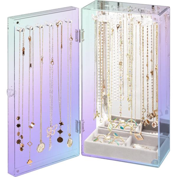 Lolalet ジュエリー収納ケース ネックレスオーガナイザー 24個のフック付きアクリルジュエリーオーガナイザー 内蔵ミラー付き回転クリアネックレス