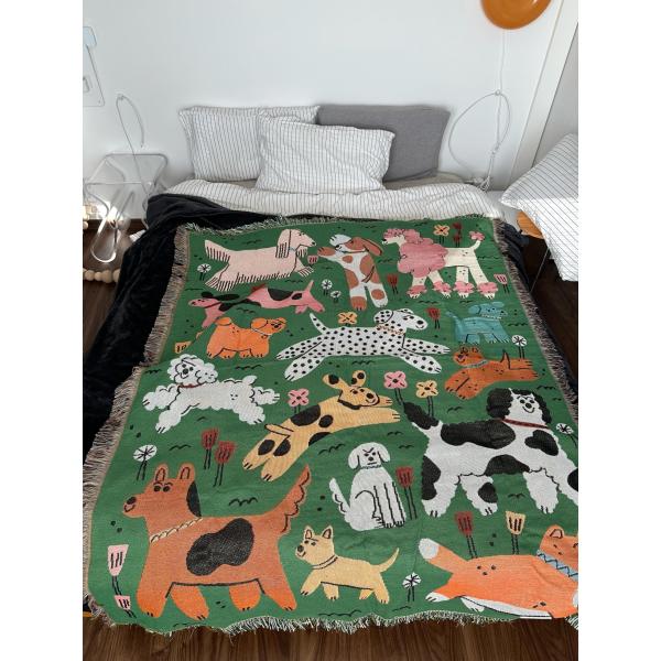 Dog Park 犬 柄,グリーン, 可愛い おしゃれ マルチカバー ブランケット ，ソファーカバー,洗濯可能 インテリア,ベッドカバー 緑 (130