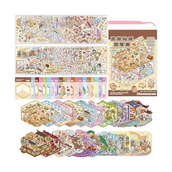 KernoKost ジオラマ風 シールブック コラージュ 素材 50枚セット (背景20枚+PETシール30枚) 専用ピンセット付き 手帳 デコレーシ