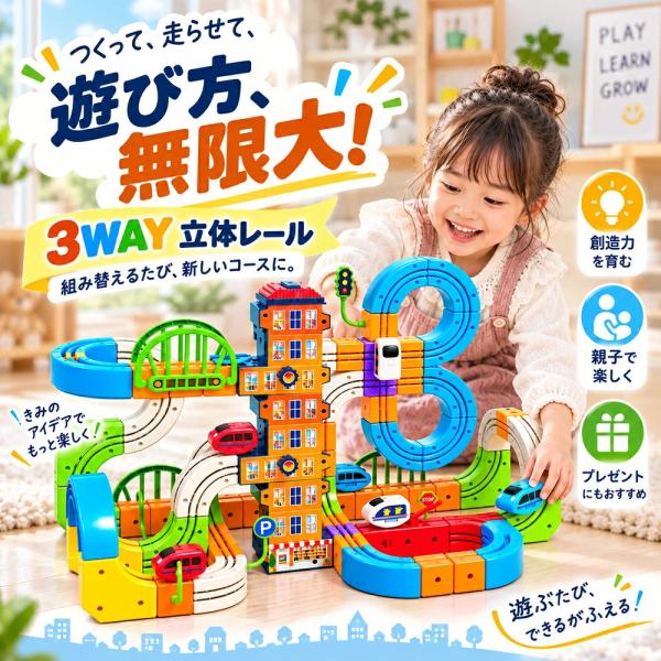【2026新登場】レールブロック 3WAY 立体レールカー 電動 エレベーター付き USB充電式 3面走行 組み立て 知育玩具 電車 おもちゃ ブロック パズル 空間認知力