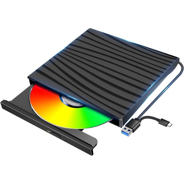 外付けDVDドライブ CD DVDドライブ USB3.0&amp;Type-C両用ケーブル 読取/書込可 静音 DVDプレーヤー 外付けDVD/CDドラ