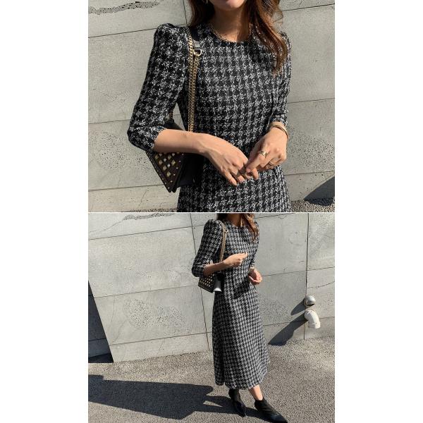 テレビで話題 韓国 ファッション レディース ワンピース ツイードフレアワンピース マキシ 七分袖 秋冬
