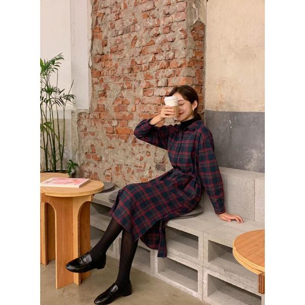 奉呈 韓国 ファッション レディース ワンピース 長袖 秋冬 チェック柄シャツワンピース 膝丈