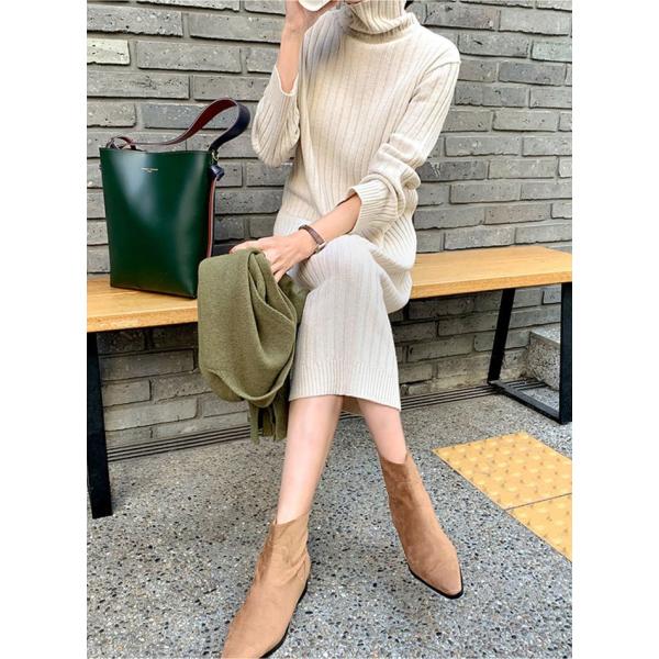 韓国 ファッション 4年保証 レディース ワンピース 膝丈 秋冬 リブニットワンピース 長袖