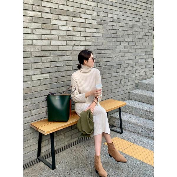 韓国 ファッション 4年保証 レディース ワンピース 膝丈 秋冬 リブニットワンピース 長袖