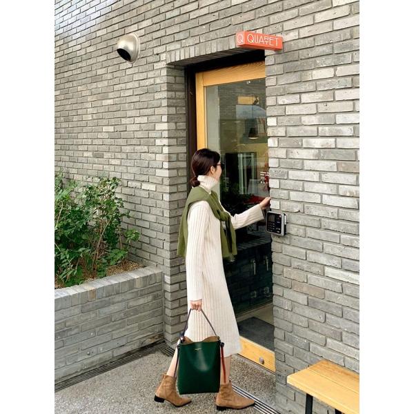 韓国 ファッション 4年保証 レディース ワンピース 膝丈 秋冬 リブニットワンピース 長袖