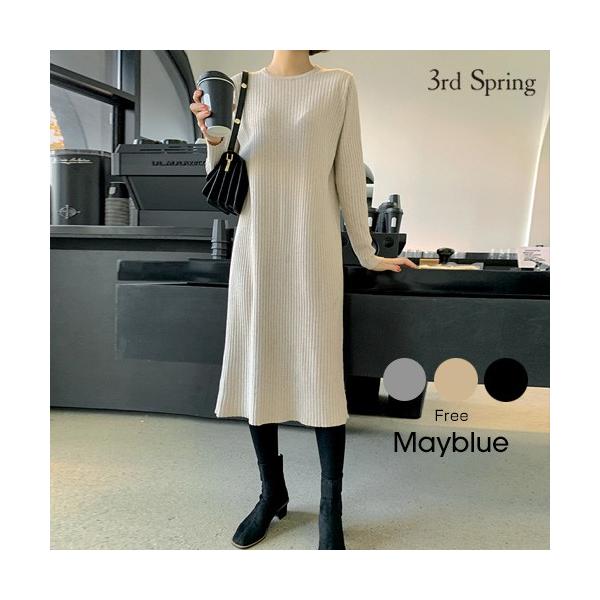 韓国 ファッション レディース ワンピース きれいめ 海外並行輸入正規品 膝丈 長袖 上品 リブワンピース