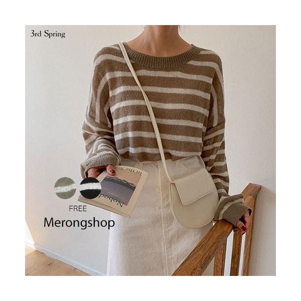 韓国 ファッション ニット レディース セーター 長袖 マーケット アンゴラ混ボーダーニット