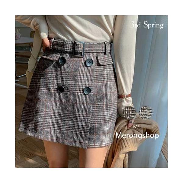 韓国 ファッション スカート レディース 国内在庫 ベルトセットチェックスカート 膝丈 秋冬