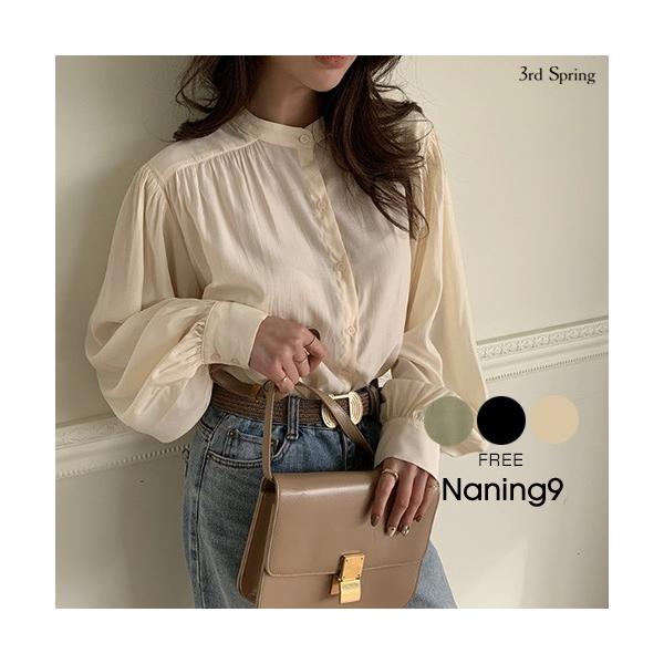 韓国 ファッション ブラウス 別倉庫からの配送 レディース 長袖 オフィス パフスリーブノーカラーブラウス