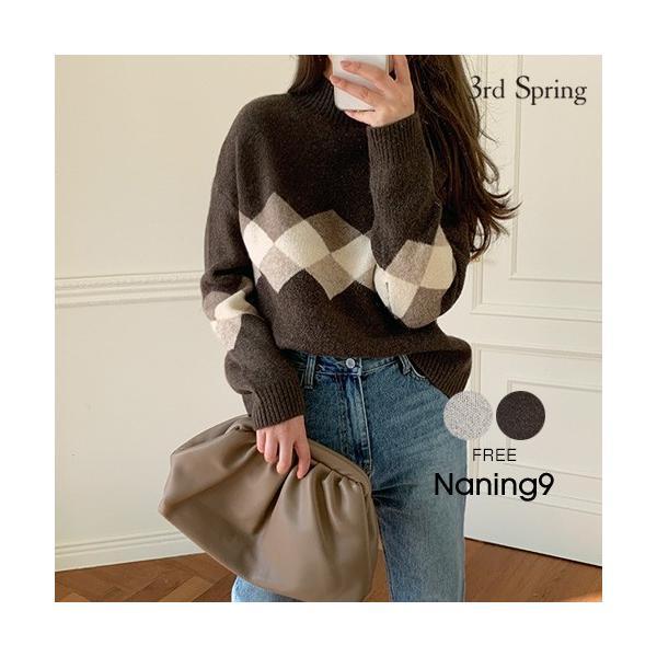 安売り 韓国 ファッション ニット レディース 長袖 モダンアーガイルニット セーター 秋冬