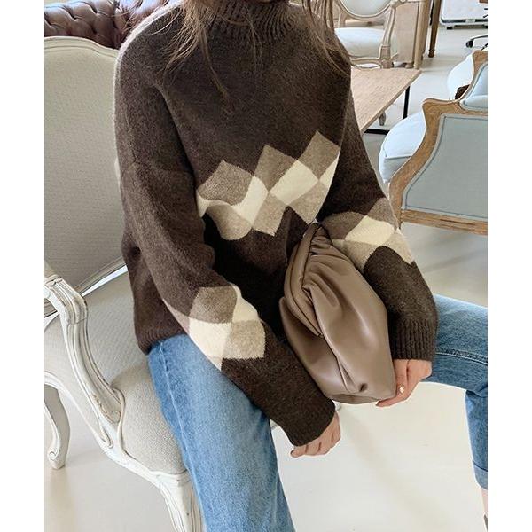 安売り 韓国 ファッション ニット レディース 長袖 モダンアーガイルニット セーター 秋冬
