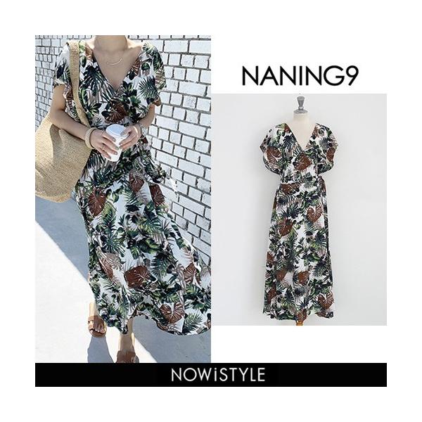 韓国 ファッション ワンピース 初回限定 レディース リーフ柄 マキシ 半袖
