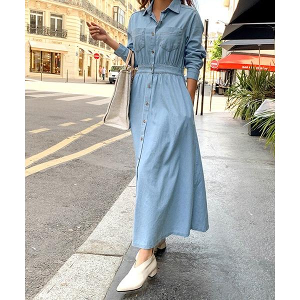 韓国 お得クーポン発行中 ファッション ワンピース レディース デニムシャツワンピース 長袖 上品 マキシ