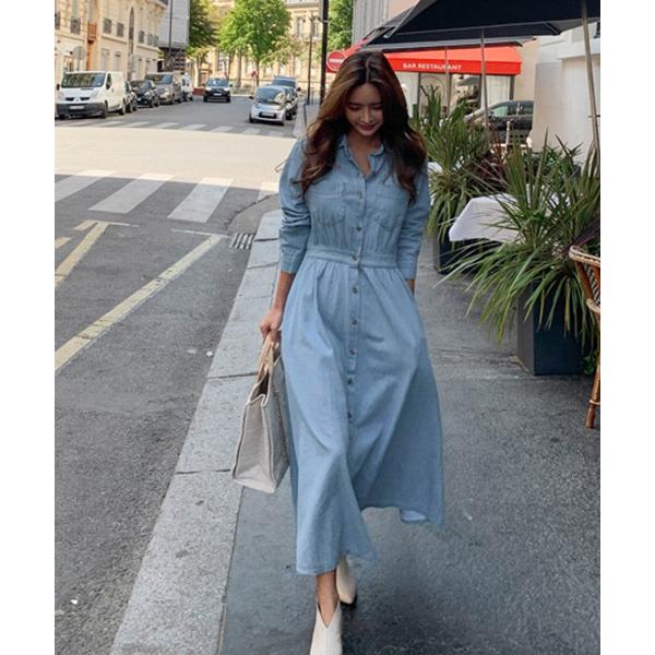 韓国 お得クーポン発行中 ファッション ワンピース レディース デニムシャツワンピース 長袖 上品 マキシ