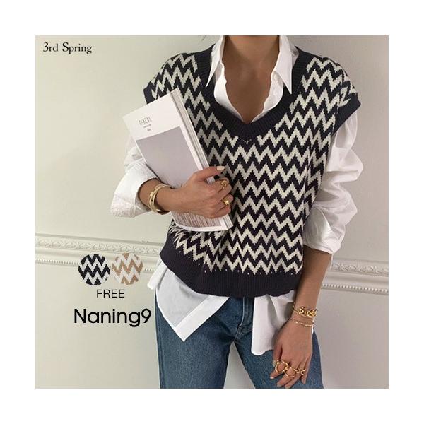 韓国 ふるさと割 ファッション ベスト レディース シェブロンニットベスト