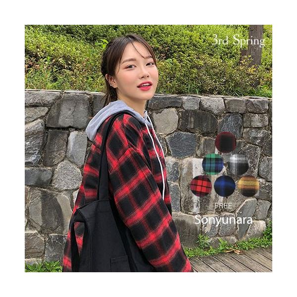 韓国 ファッション Seal限定商品 ブラウス レディース オフィス 長袖 レイトフード付きチェックシャツ