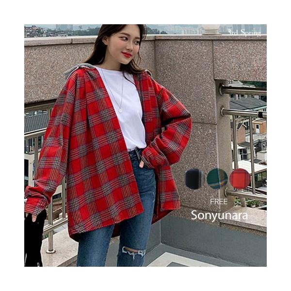 返品交換不可 韓国 ファッション コート レディース フード付きレイヤード風チェックシャツ