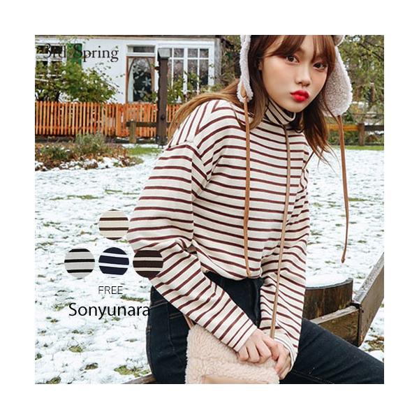 韓国 ファッション ニット レディース 特売 ボーダー メゾン 長袖 タートルネック