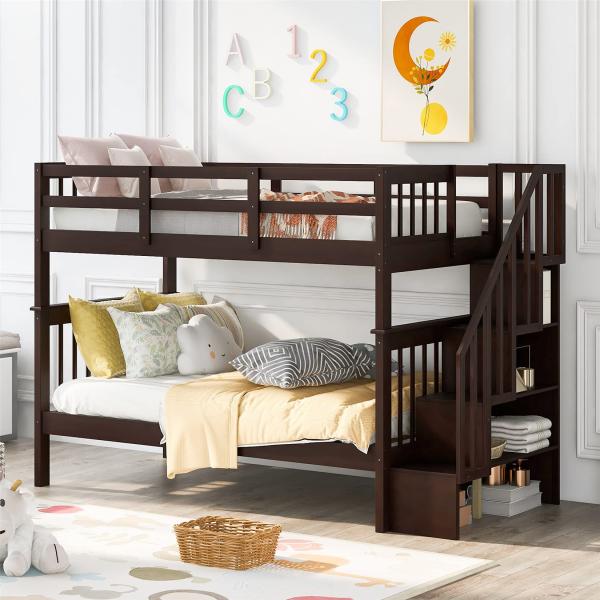 【並行輸入品】 Stairway Bunk Beds Twin Over Twin Bunk Bed with Storage Shelves
