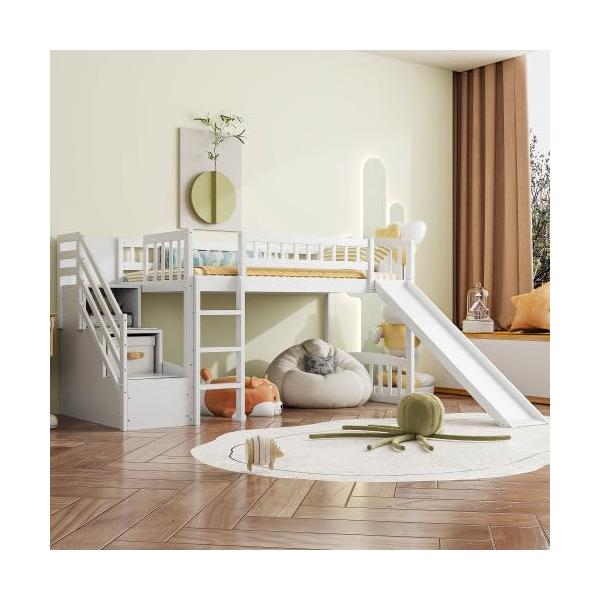 【並行輸入品】 Harper &amp; Bright Designs Wooden Twin Size Loft Beds with Slide an