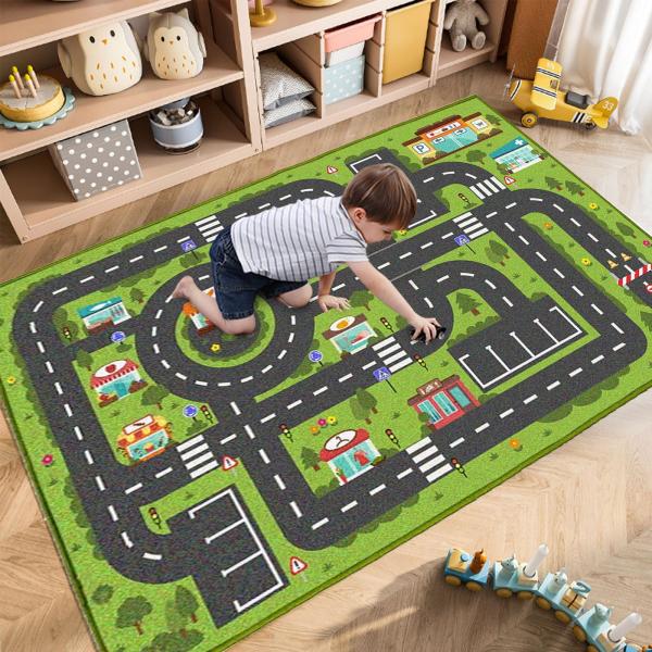 【並行輸入品】 Road Rug for Kids, 2'7" x 3'11", Toy Car Play Rug Mat Carpet wit