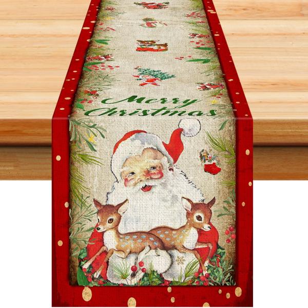 【並行輸入品】 Vintage Christmas Table Runner Xmas Holiday Santa Claus Kitchen