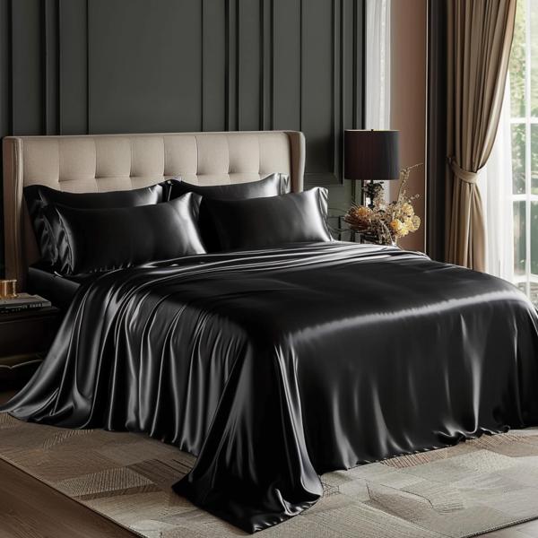 【並行輸入品】 Love's cabin Satin King Sheet Sets 4 Piece Black Silky Sheets