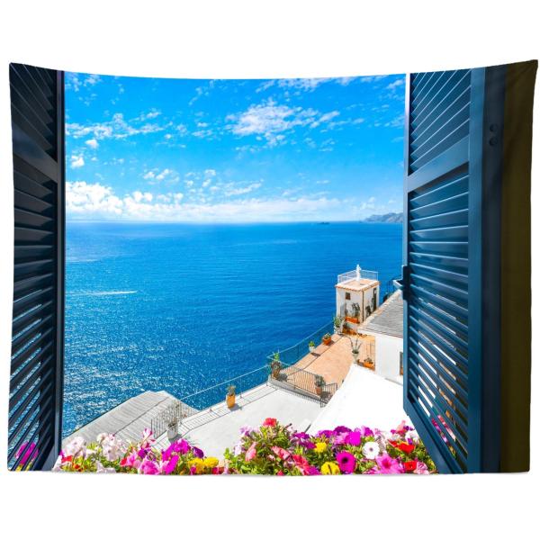 【並行輸入品】 CORFOTO Mediterranean Backdrop Window View Mediterranean Tapestr