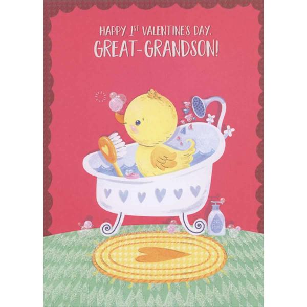 【並行輸入品】Designer Greetings イエローカーペットの上の白いバスタブに入った黄色いアヒルの子 少年 最初/最初のバレンタイン