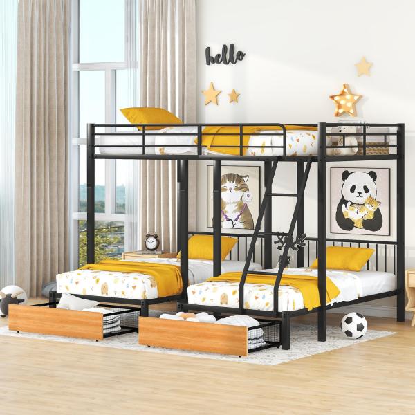 【並行輸入品】 Triple Bunk Bed Metal Full Over Two Twin Beds with Storage Drawe
