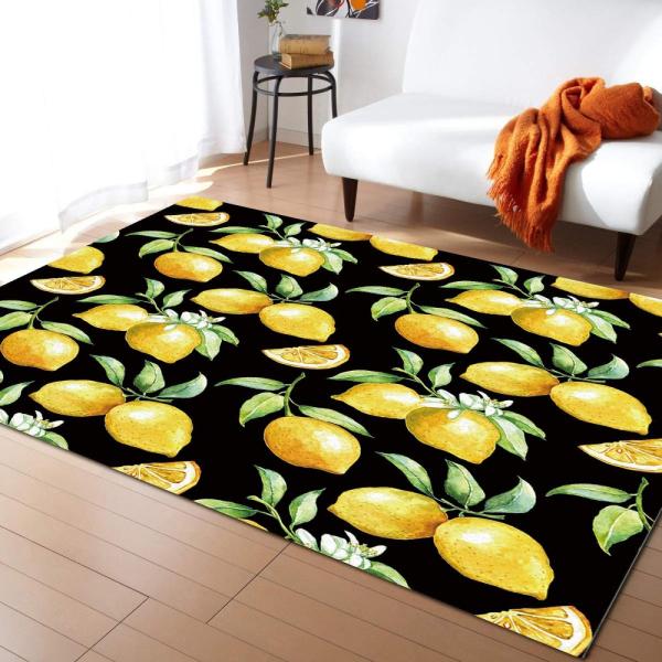 【並行輸入品】 Watercolor Yellow Lemons Area Rug, Simple Black Background Decor