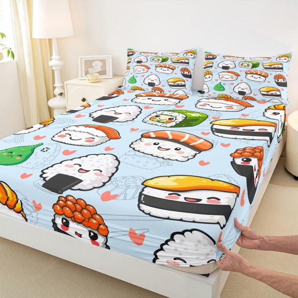 【並行輸入品】Homewish 寿司 寝具セット ツインサイズ、漫画寿司 ラブハートプリント ボックスシーツ 2ピース、和風フードベッドシーツ