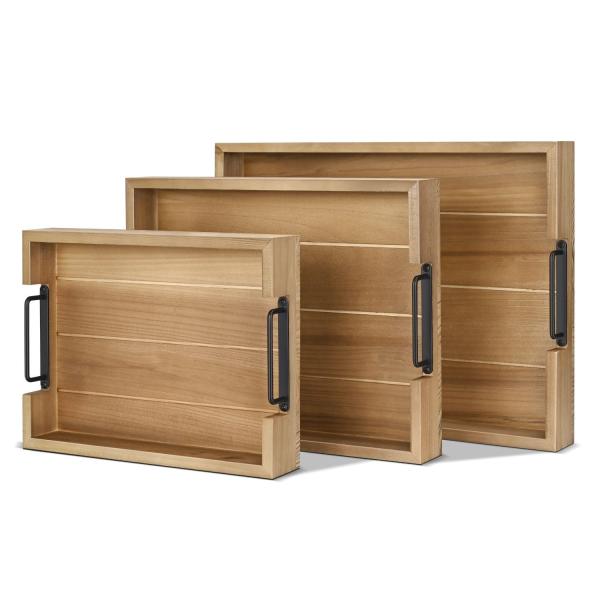 【並行輸入品】 Flexzion Rustic Wooden Serving Trays Set of 3 with Handles, Stac