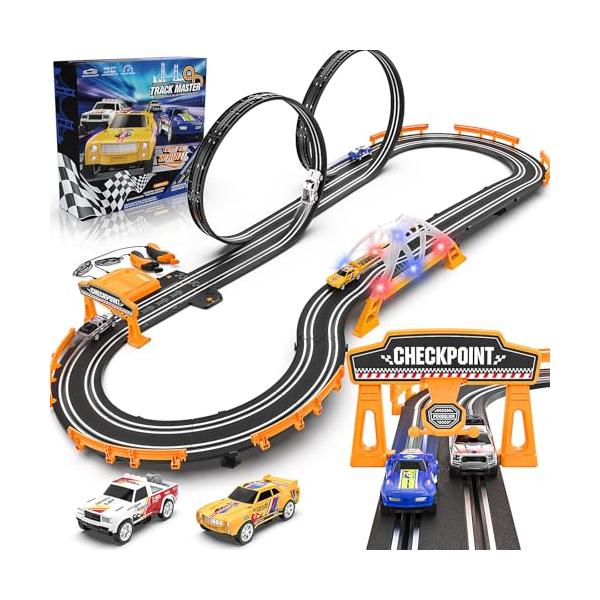 商品名: 男の子用スロットカーレーストラックセット レースカートラック 高速スロットカー4台付き バッテリーまたは電気自動車トラック デュアルレーシングゲームラップカウンタートラックセット 4歳 5歳 6歳 7歳 8歳~12歳のお子さまへの...