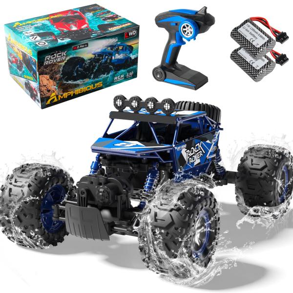 商品名: 1:10 大型水陸両用RCトラック、IPX6防水30Km/h 4x4オフロードRCロッククローラー、アルミニウム合金シェル&amp;LEDライト付きRCモンスタートラック、2.4GHz全地形RCカー、バッテリー2個付き、100分プ...