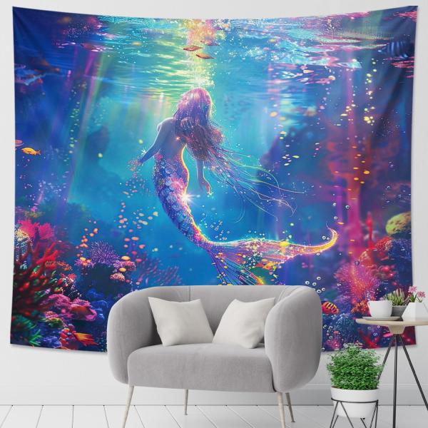 【並行輸入品】 Mermaid Under The Sea Tapestry, Colorful Fantasy Bohemian Room W