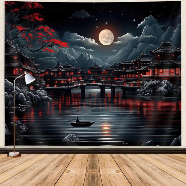 【並行輸入品】GOAOK 日本アニメタペストリー、クールな赤と黒 ダークネイチャー 山 川辺 満月 風景 美的タペストリー 男性用 アジア日本ア