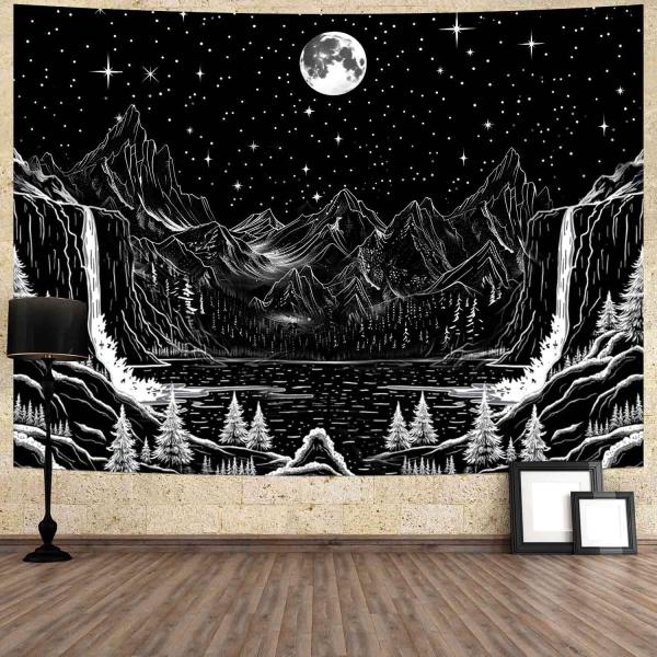 【並行輸入品】イネアイブ 黒と白の山タペストリー 星月夜 滝 森 壁タペストリー 60x51インチ 月と星 ダークネイチャー 風景 ポスター タ