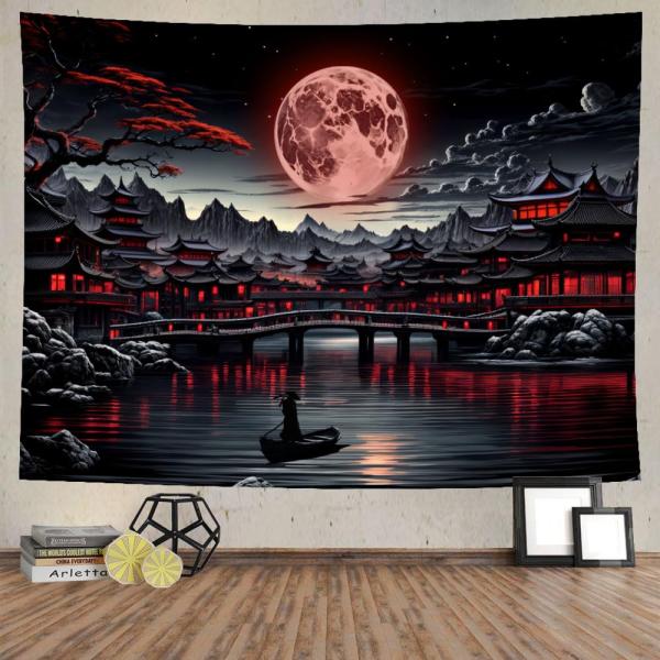 【並行輸入品】イネアイブ 日本のタペストリー クール 黒と赤 美的 山 自然 風景 壁タペストリー 80x60インチ 満月 侍 日本 アニメ ポ
