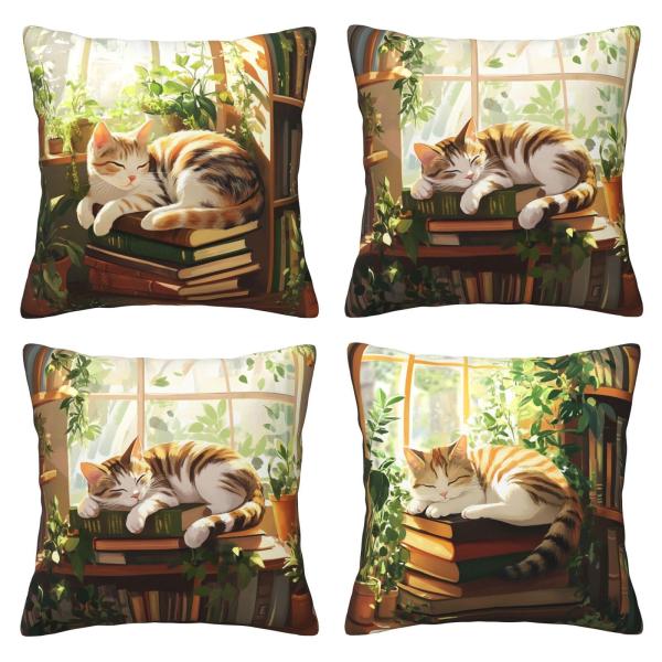 【並行輸入品】Bshuey クッションカバー 18x18インチ 4枚セット 猫好きのスローピローカバー、居心地の良い猫のお昼寝 クッションケース