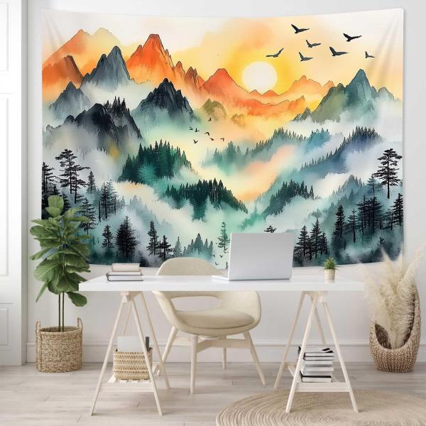 【並行輸入品】JAWO 霧の森 山 タペストリー グリーンパインツリー 日の出 鳥 自然 風景 タペストリー ゴールデンマウンテン 寝室 美的