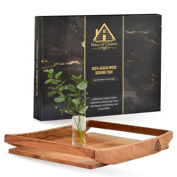 【並行輸入品】 Haus of Charm Solid Acacia Wood Tray Large Breakfast in Bed &amp;