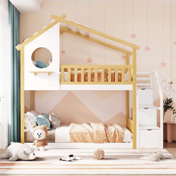【並行輸入品】 THINK 30 Stairway Twin Over Twin Bunk Bed,House Bed,Storage and