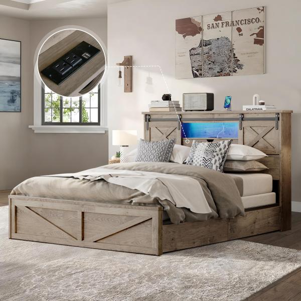 【並行輸入品】 Farmhouse Queen Sized Bed Frame with 2 Storage Drawers, Rustic W